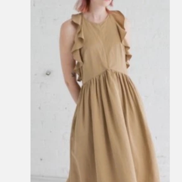 Ulla Johnson Linen Blend Cecily Ruffled Midi Dress In Khaki Size 0 - Picture 6 of 11